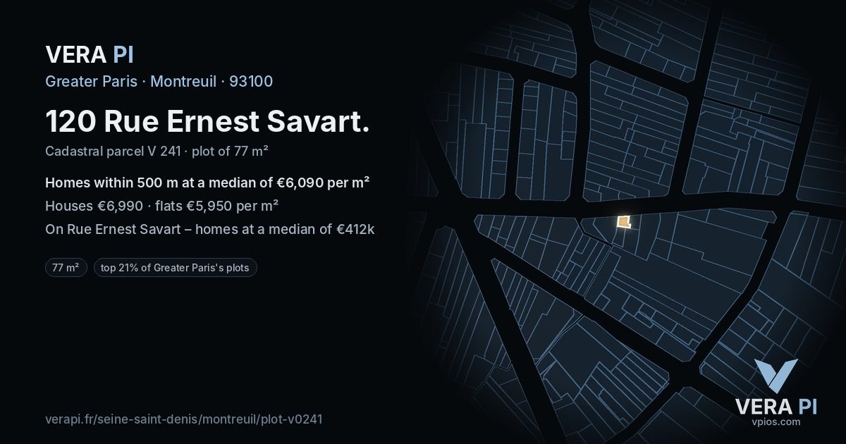 120 Rue Ernest Savart, Montreuil at night – the plot lit, the parcels around coloured by the prices near them