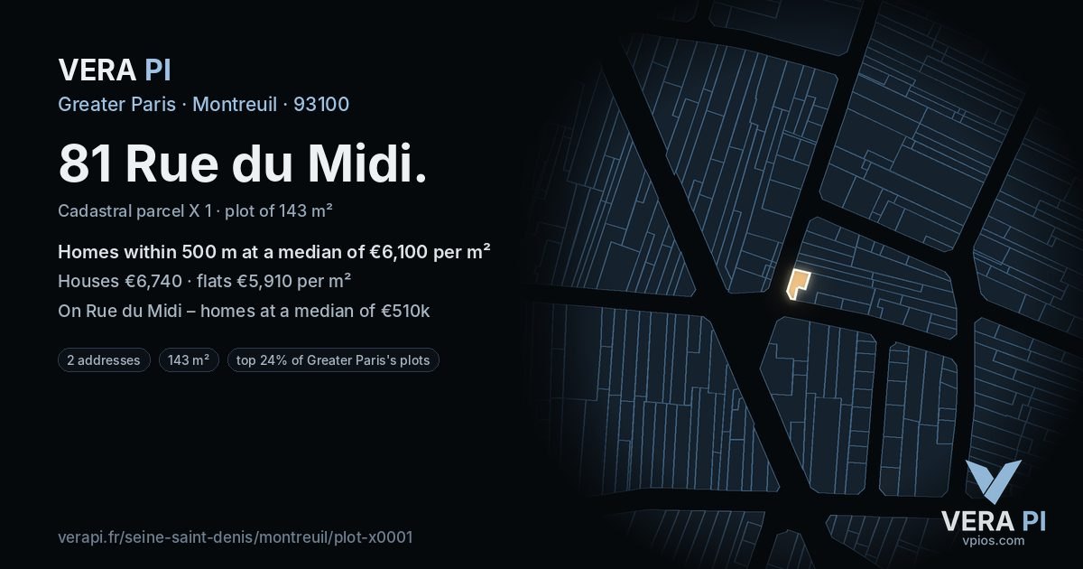81 Rue du Midi, Montreuil at night – the plot lit, the parcels around coloured by the prices near them