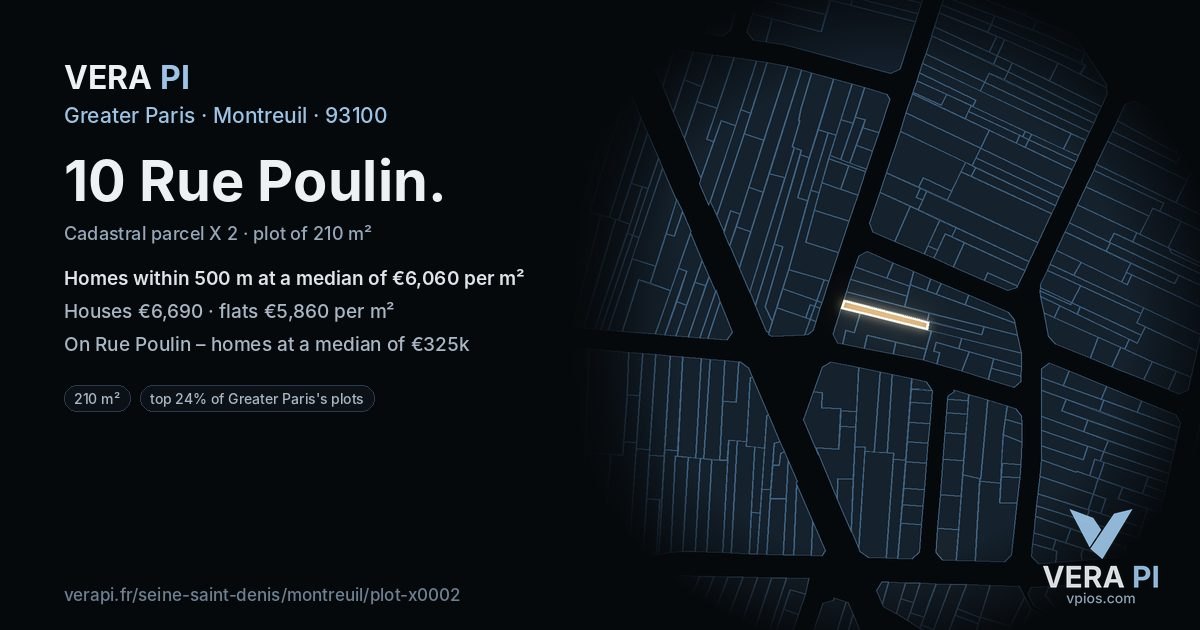 10 Rue Poulin, Montreuil at night – the plot lit, the parcels around coloured by the prices near them