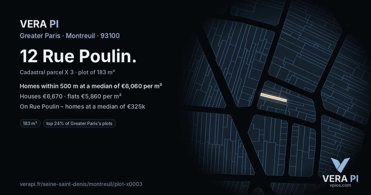 12 Rue Poulin, Montreuil at night – the plot lit, the parcels around coloured by the prices near them