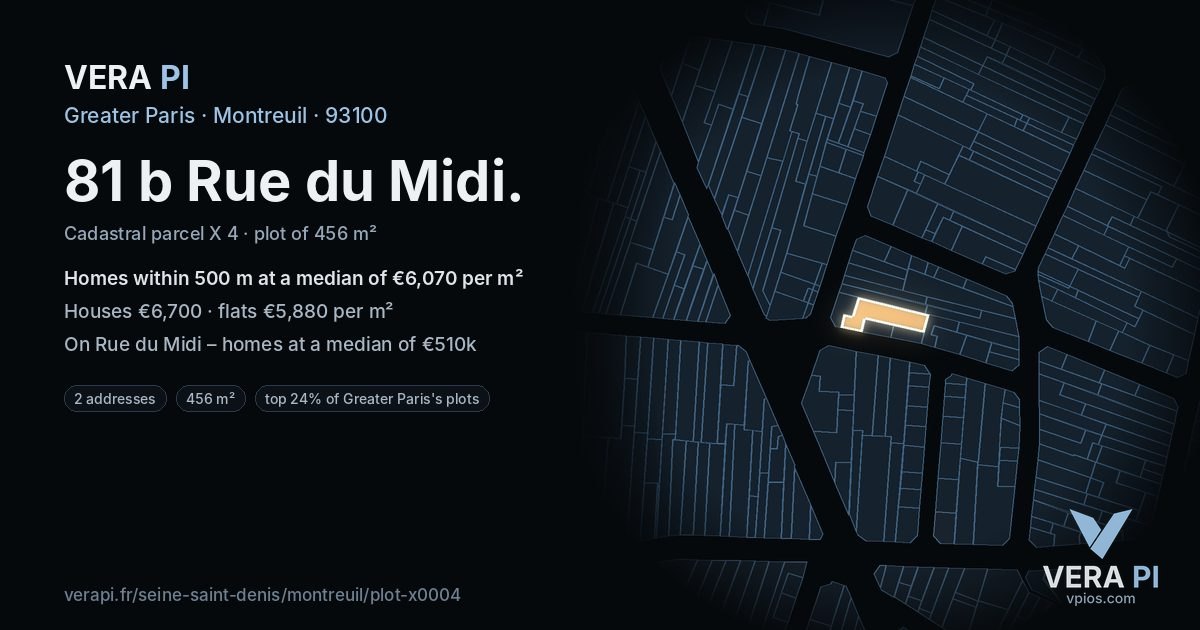 81 b Rue du Midi, Montreuil at night – the plot lit, the parcels around coloured by the prices near them
