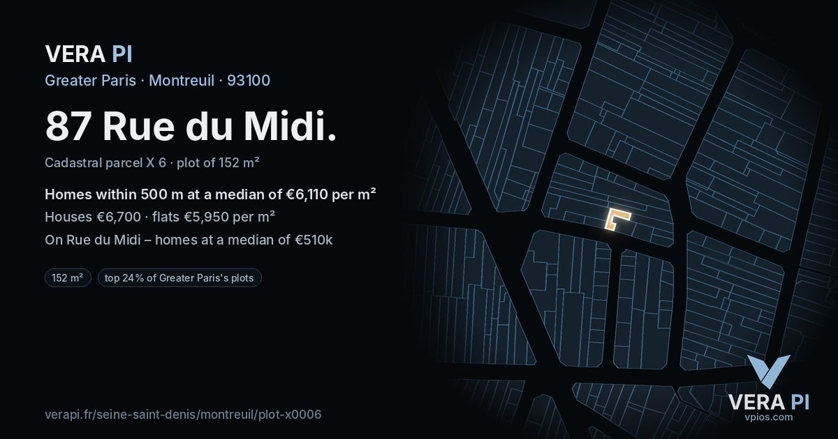 87 Rue du Midi, Montreuil at night – the plot lit, the parcels around coloured by the prices near them