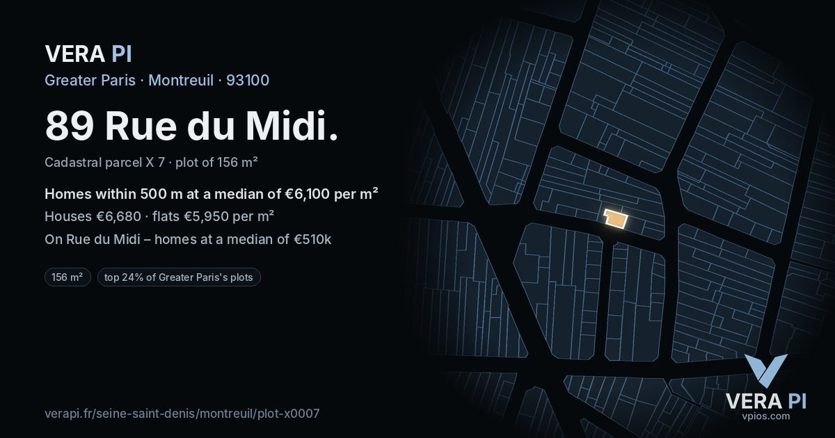 89 Rue du Midi, Montreuil at night – the plot lit, the parcels around coloured by the prices near them