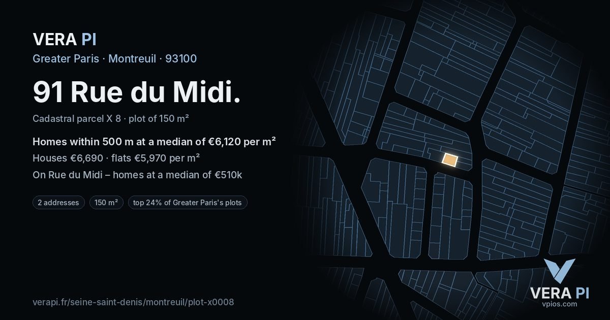 91 Rue du Midi, Montreuil at night – the plot lit, the parcels around coloured by the prices near them