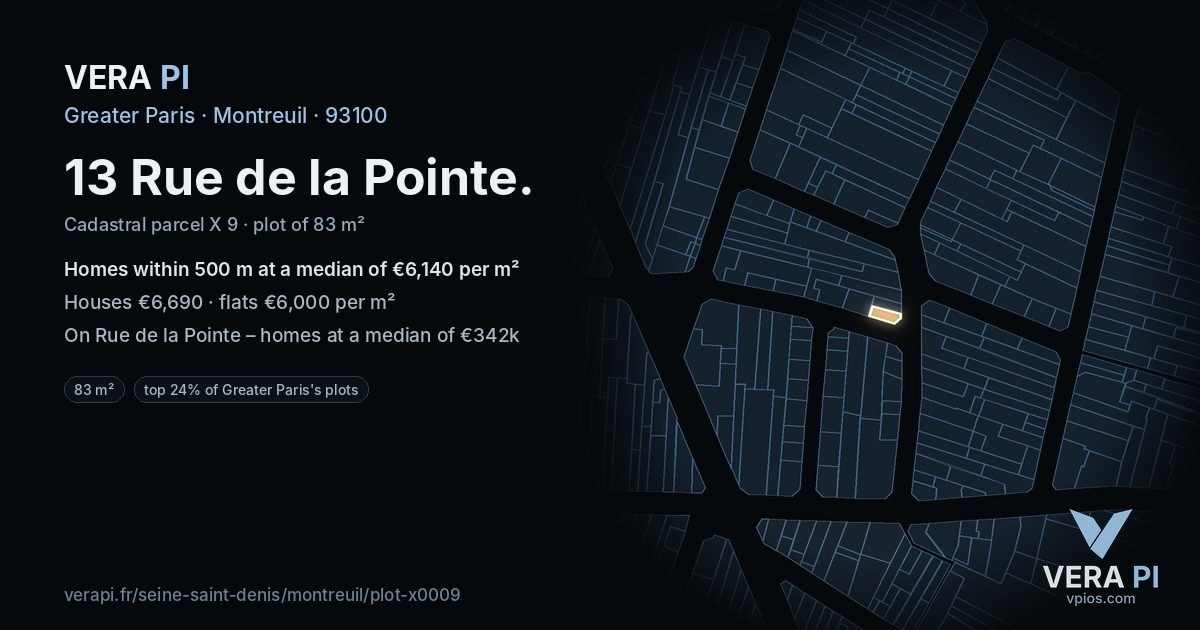 13 Rue de la Pointe, Montreuil at night – the plot lit, the parcels around coloured by the prices near them