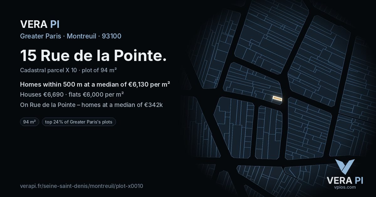 15 Rue de la Pointe, Montreuil at night – the plot lit, the parcels around coloured by the prices near them