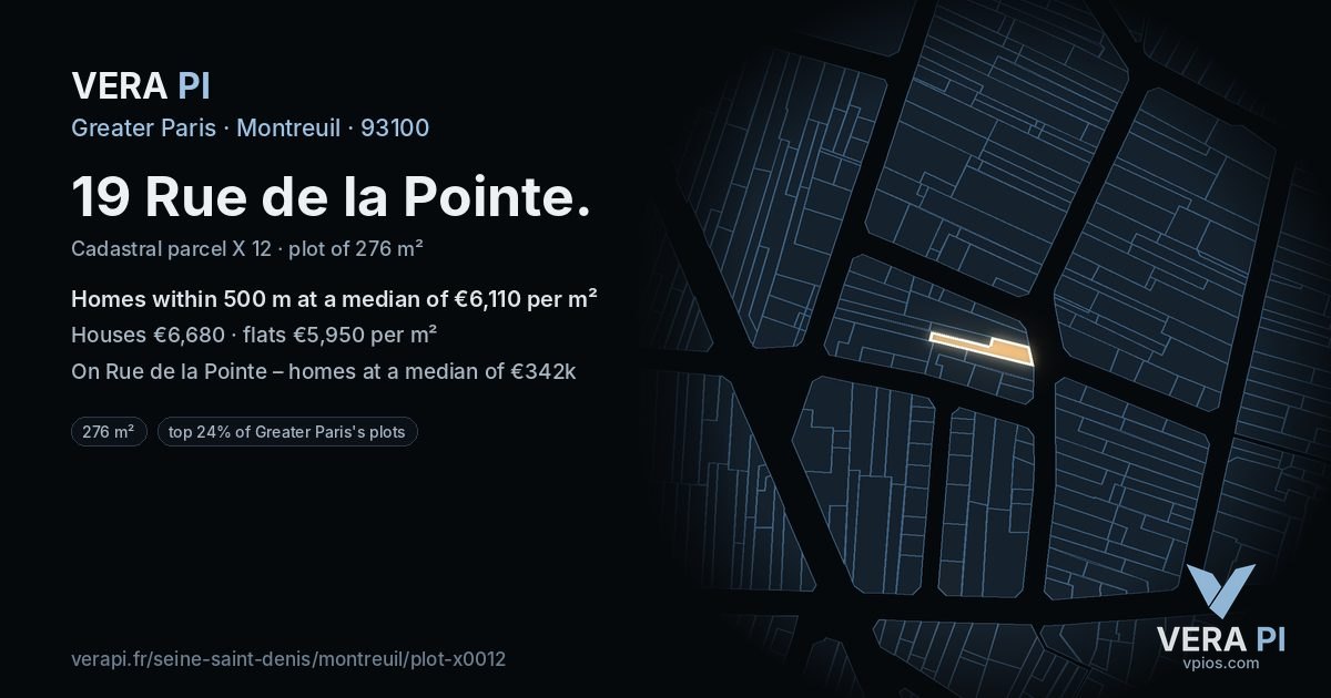19 Rue de la Pointe, Montreuil at night – the plot lit, the parcels around coloured by the prices near them