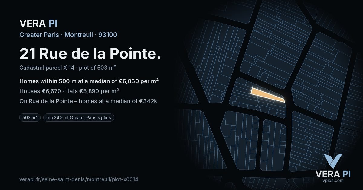 21 Rue de la Pointe, Montreuil at night – the plot lit, the parcels around coloured by the prices near them