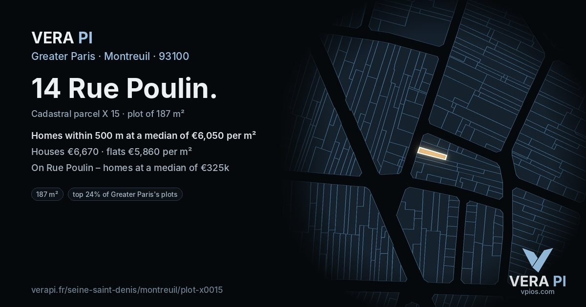 14 Rue Poulin, Montreuil at night – the plot lit, the parcels around coloured by the prices near them