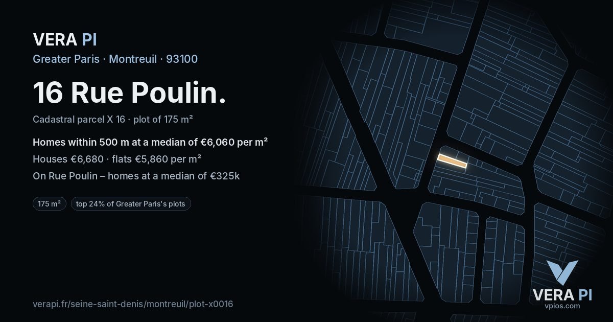 16 Rue Poulin, Montreuil at night – the plot lit, the parcels around coloured by the prices near them