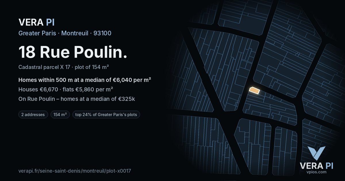 18 Rue Poulin, Montreuil at night – the plot lit, the parcels around coloured by the prices near them