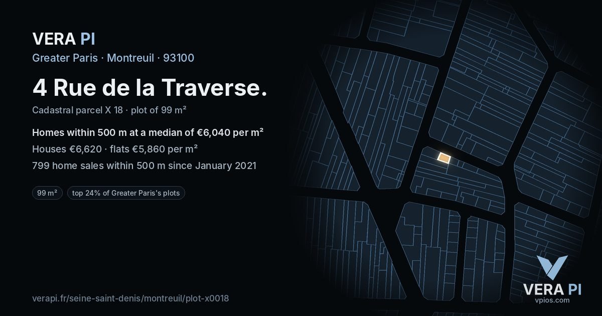 4 Rue de la Traverse, Montreuil at night – the plot lit, the parcels around coloured by the prices near them