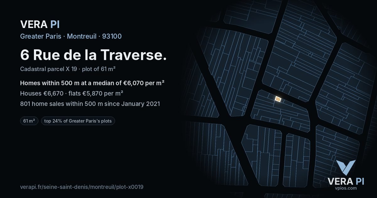 6 Rue de la Traverse, Montreuil at night – the plot lit, the parcels around coloured by the prices near them