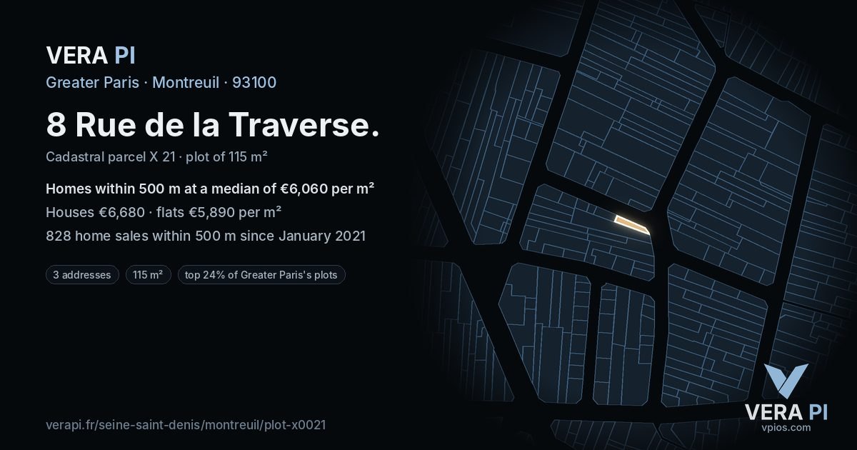 8 Rue de la Traverse, Montreuil at night – the plot lit, the parcels around coloured by the prices near them