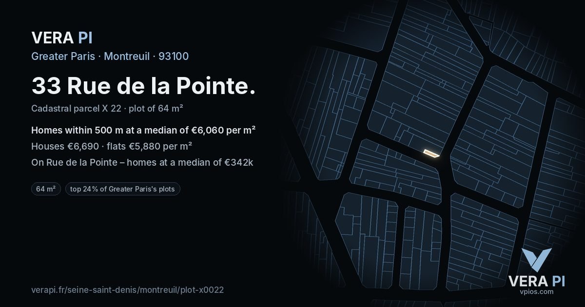 33 Rue de la Pointe, Montreuil at night – the plot lit, the parcels around coloured by the prices near them