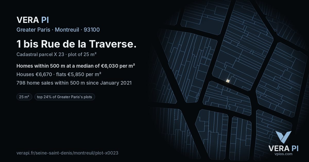 1 bis Rue de la Traverse, Montreuil at night – the plot lit, the parcels around coloured by the prices near them