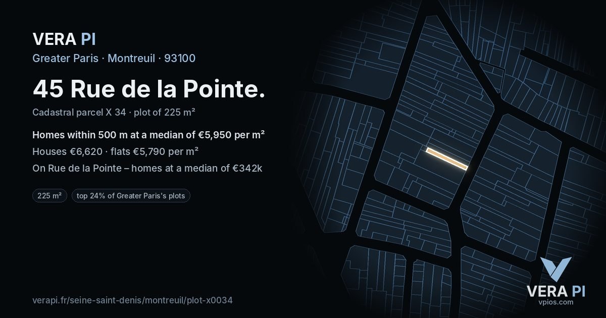 45 Rue de la Pointe, Montreuil at night – the plot lit, the parcels around coloured by the prices near them