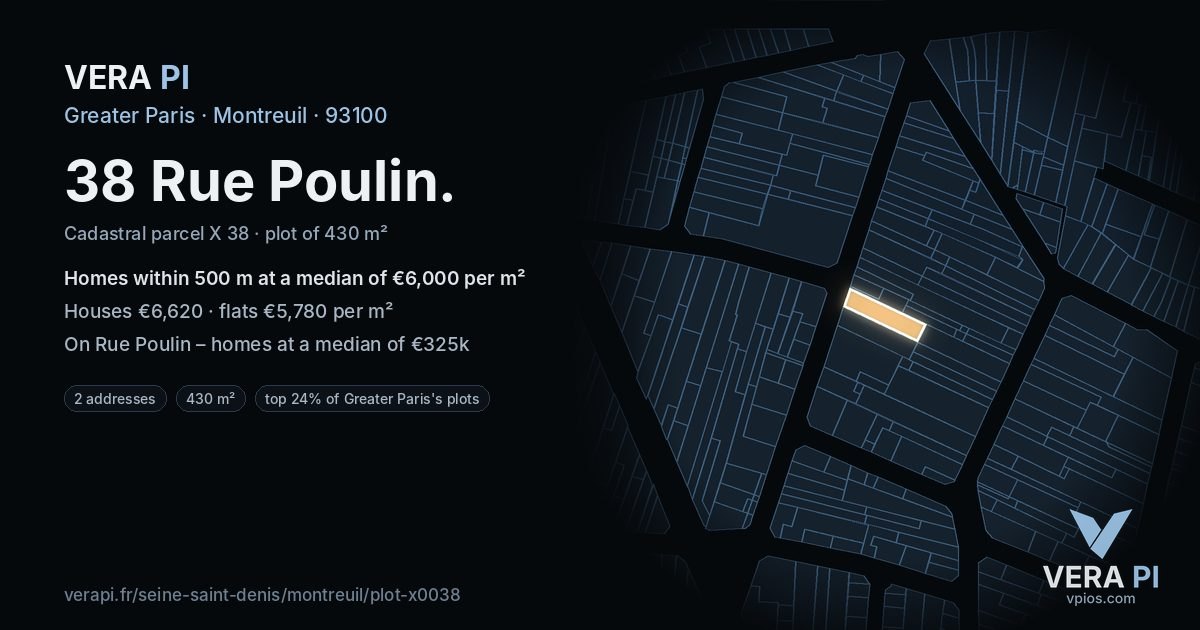 38 Rue Poulin, Montreuil at night – the plot lit, the parcels around coloured by the prices near them