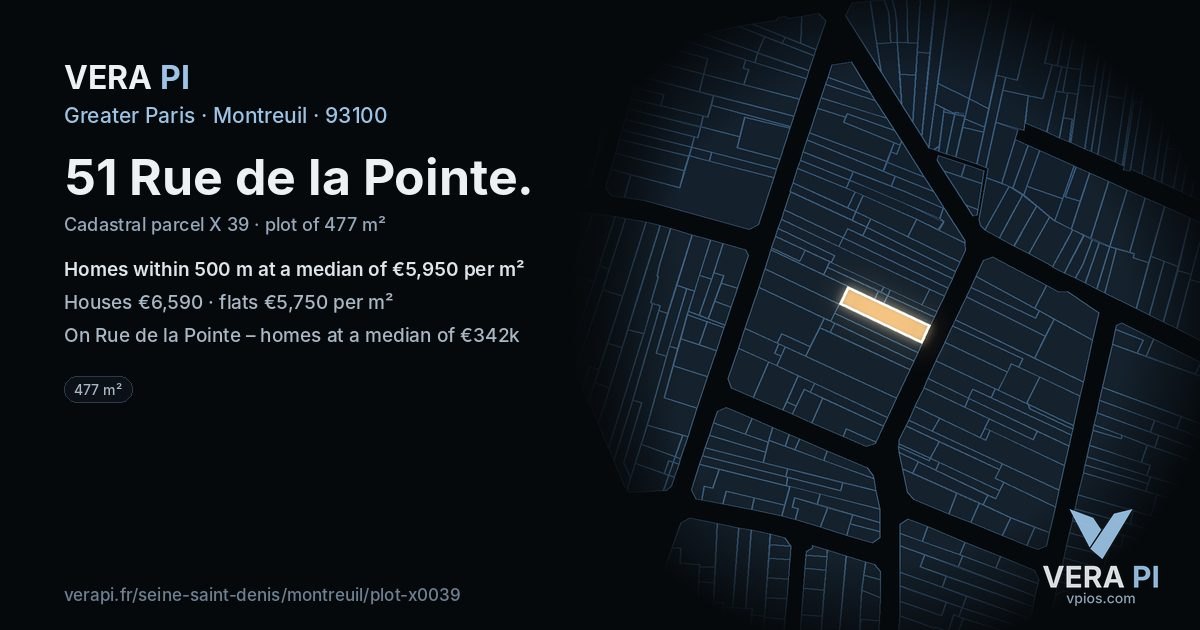 51 Rue de la Pointe, Montreuil at night – the plot lit, the parcels around coloured by the prices near them
