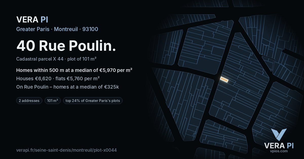 40 Rue Poulin, Montreuil at night – the plot lit, the parcels around coloured by the prices near them