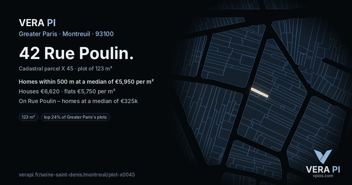 42 Rue Poulin, Montreuil at night – the plot lit, the parcels around coloured by the prices near them