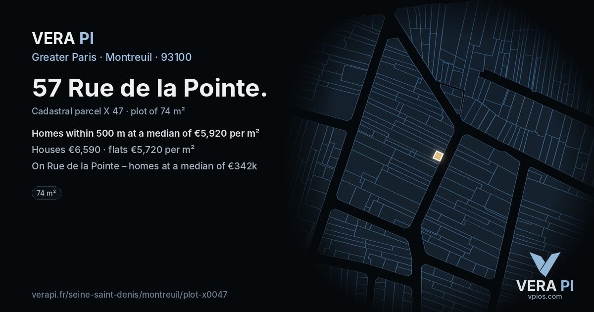 57 Rue de la Pointe, Montreuil at night – the plot lit, the parcels around coloured by the prices near them