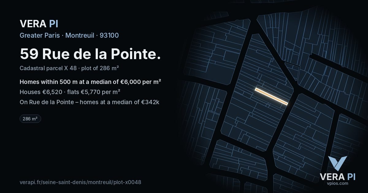 59 Rue de la Pointe, Montreuil at night – the plot lit, the parcels around coloured by the prices near them