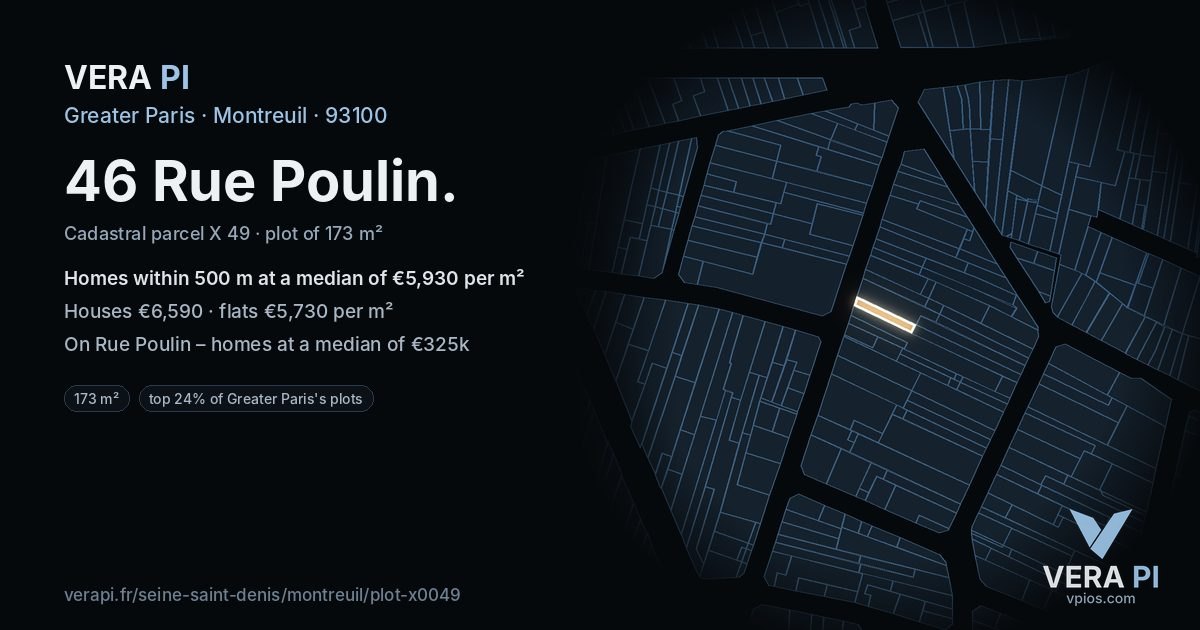46 Rue Poulin, Montreuil at night – the plot lit, the parcels around coloured by the prices near them