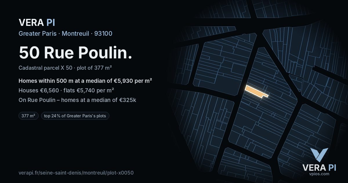 50 Rue Poulin, Montreuil at night – the plot lit, the parcels around coloured by the prices near them
