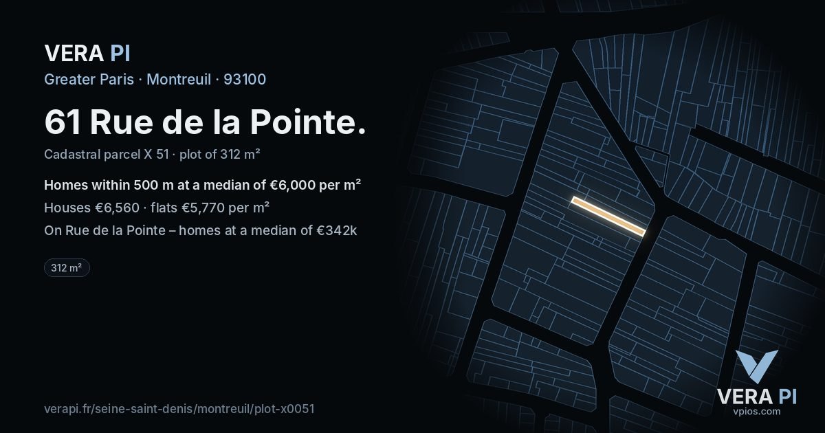61 Rue de la Pointe, Montreuil at night – the plot lit, the parcels around coloured by the prices near them