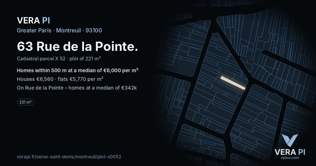 63 Rue de la Pointe, Montreuil at night – the plot lit, the parcels around coloured by the prices near them