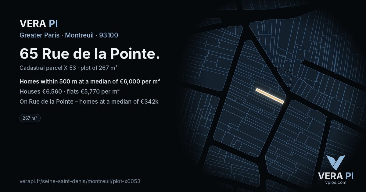 65 Rue de la Pointe, Montreuil at night – the plot lit, the parcels around coloured by the prices near them