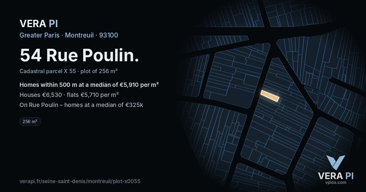 54 Rue Poulin, Montreuil at night – the plot lit, the parcels around coloured by the prices near them