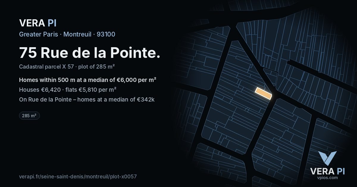 75 Rue de la Pointe, Montreuil at night – the plot lit, the parcels around coloured by the prices near them