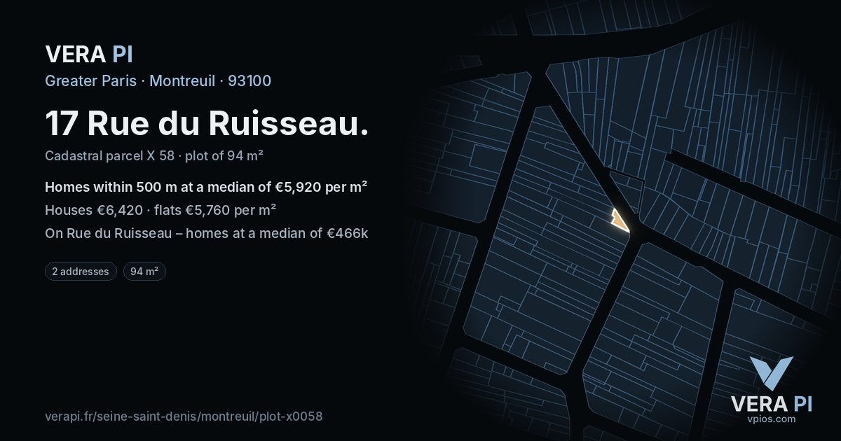 17 Rue du Ruisseau, Montreuil at night – the plot lit, the parcels around coloured by the prices near them
