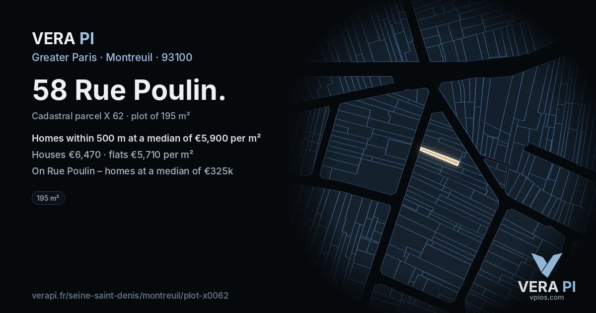 58 Rue Poulin, Montreuil at night – the plot lit, the parcels around coloured by the prices near them