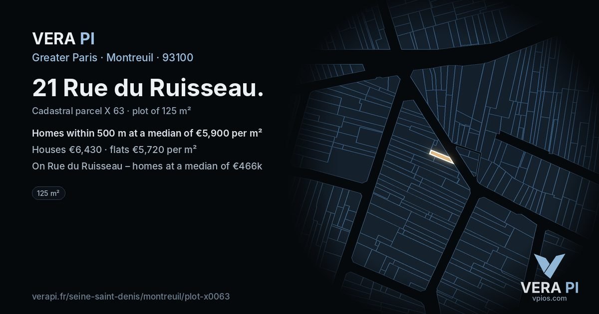 21 Rue du Ruisseau, Montreuil at night – the plot lit, the parcels around coloured by the prices near them