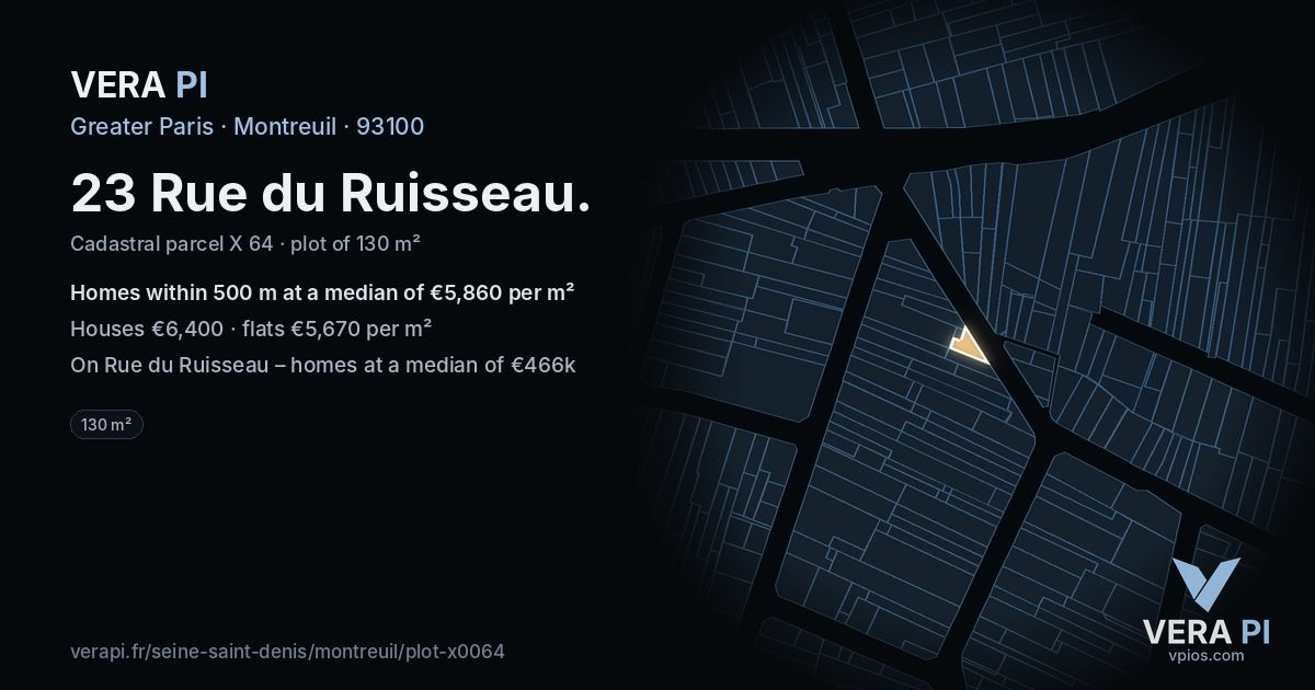 23 Rue du Ruisseau, Montreuil at night – the plot lit, the parcels around coloured by the prices near them