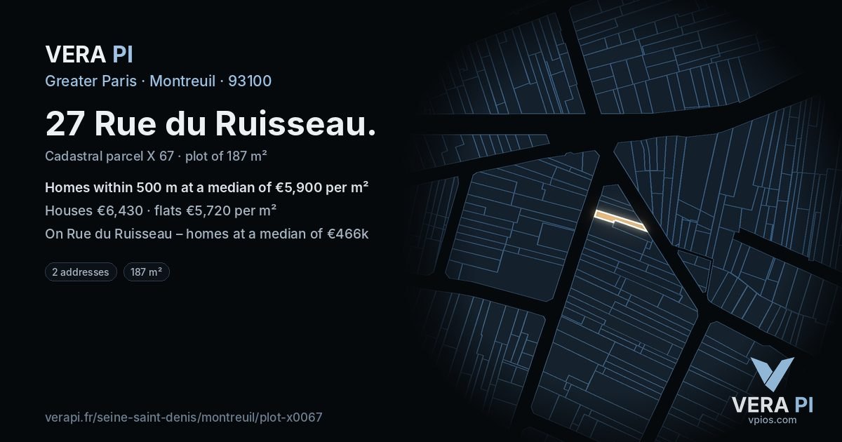 27 Rue du Ruisseau, Montreuil at night – the plot lit, the parcels around coloured by the prices near them