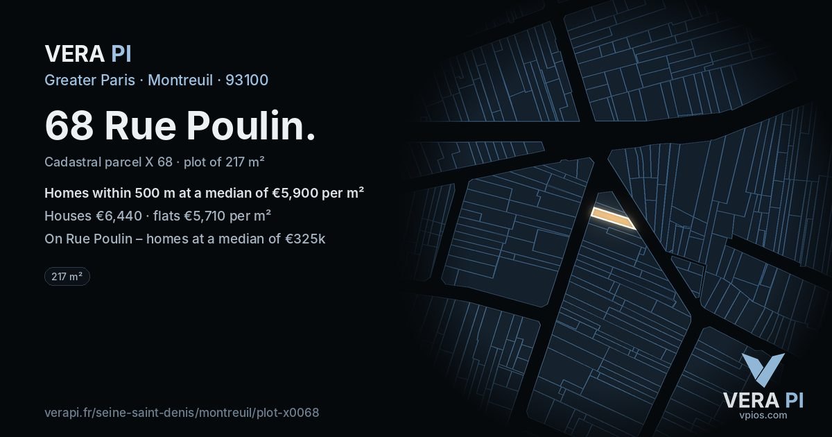 68 Rue Poulin, Montreuil at night – the plot lit, the parcels around coloured by the prices near them