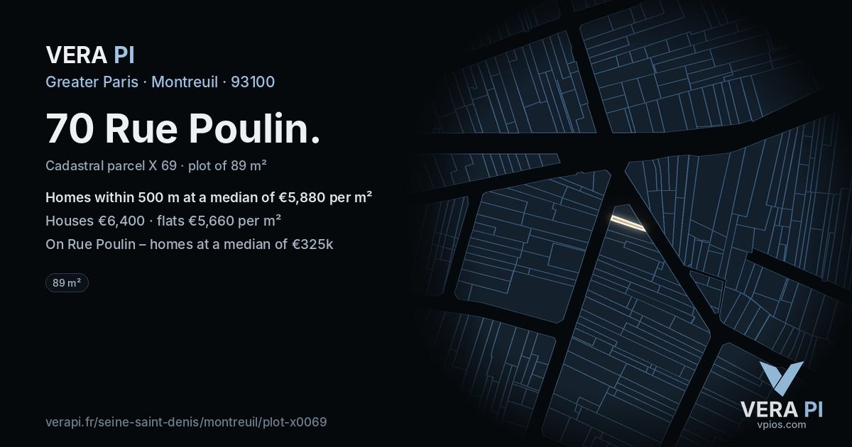 70 Rue Poulin, Montreuil at night – the plot lit, the parcels around coloured by the prices near them