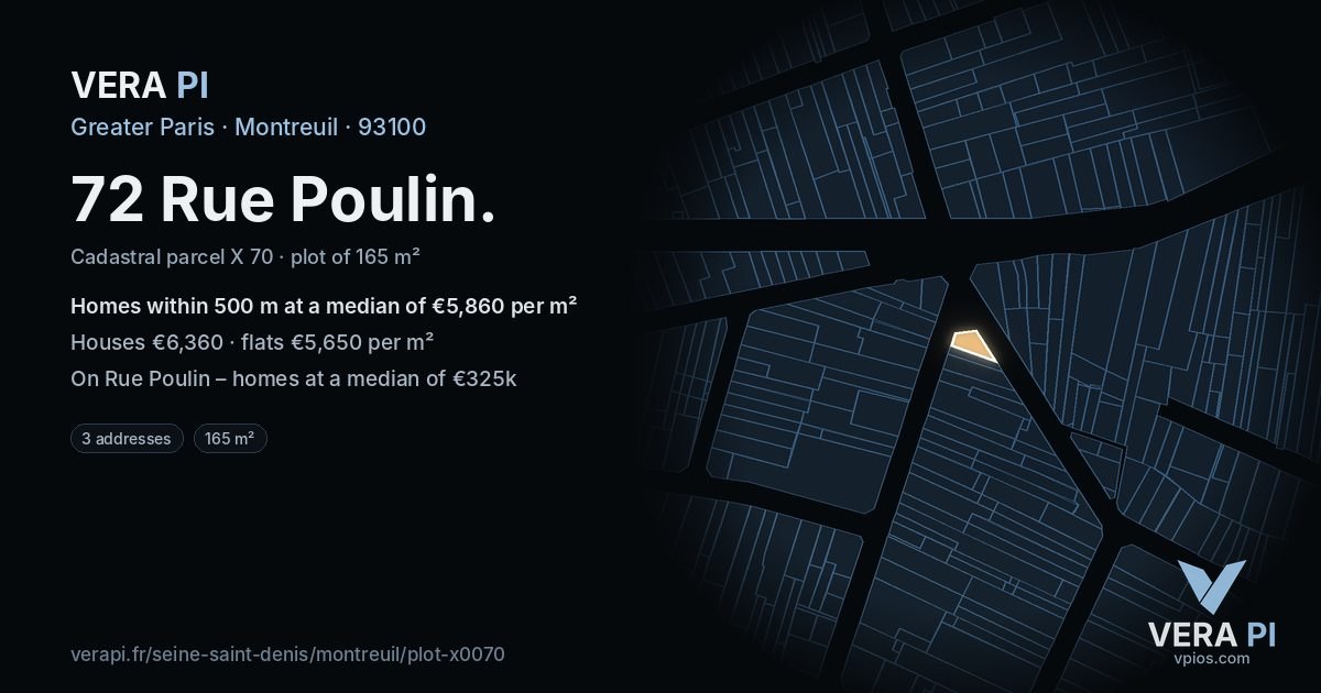 72 Rue Poulin, Montreuil at night – the plot lit, the parcels around coloured by the prices near them