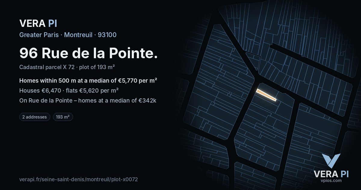 96 Rue de la Pointe, Montreuil at night – the plot lit, the parcels around coloured by the prices near them