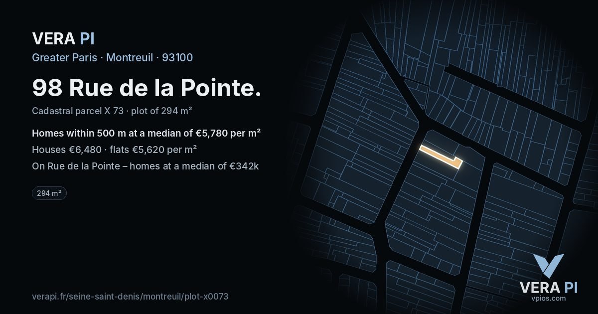 98 Rue de la Pointe, Montreuil at night – the plot lit, the parcels around coloured by the prices near them