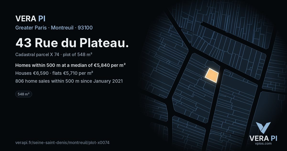 43 Rue du Plateau, Montreuil at night – the plot lit, the parcels around coloured by the prices near them