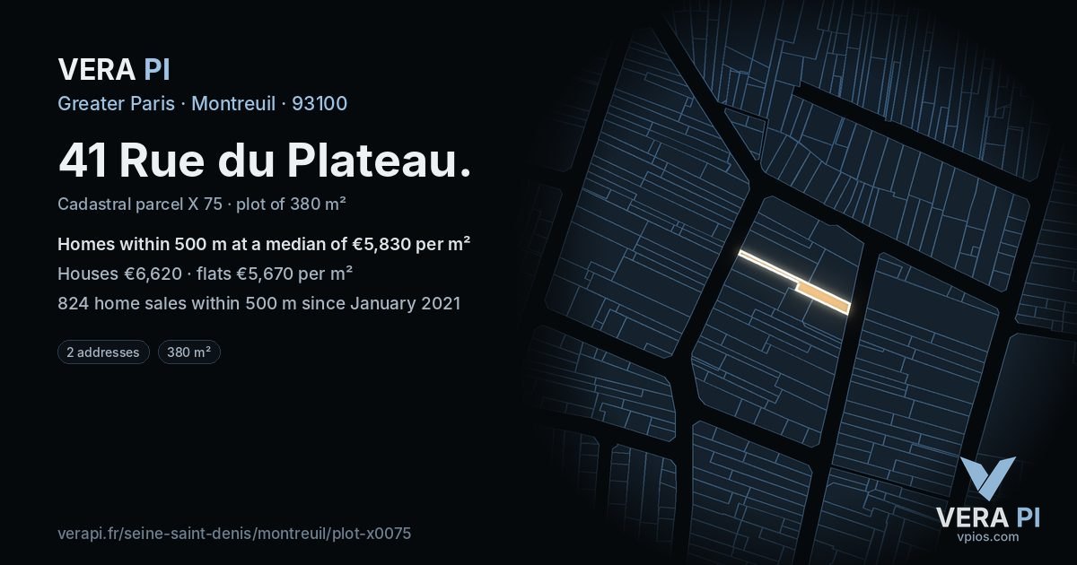 41 Rue du Plateau, Montreuil at night – the plot lit, the parcels around coloured by the prices near them