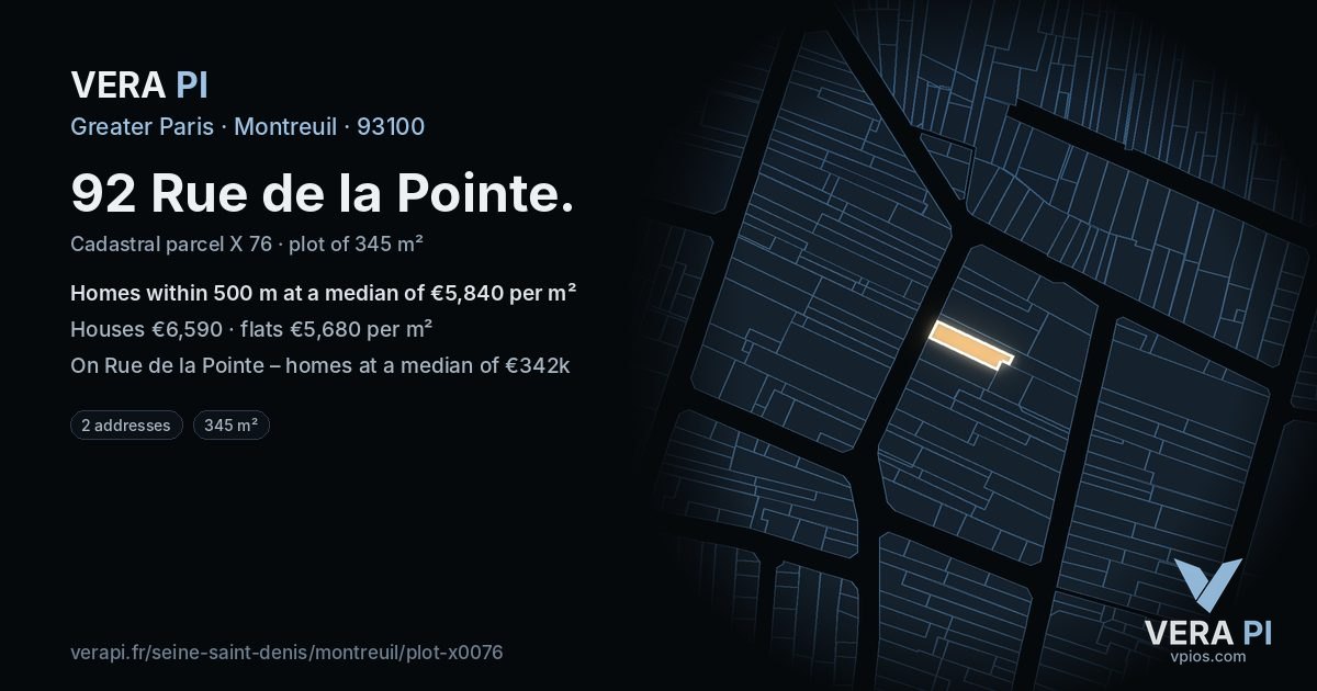 92 Rue de la Pointe, Montreuil at night – the plot lit, the parcels around coloured by the prices near them