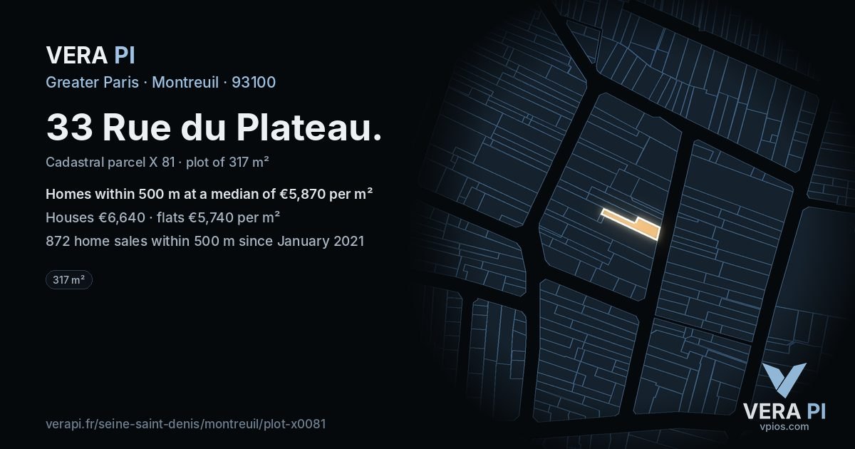 33 Rue du Plateau, Montreuil at night – the plot lit, the parcels around coloured by the prices near them