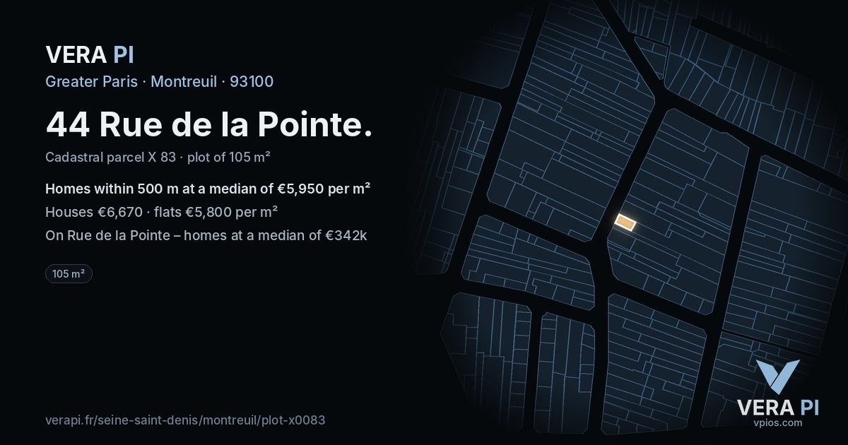44 Rue de la Pointe, Montreuil at night – the plot lit, the parcels around coloured by the prices near them