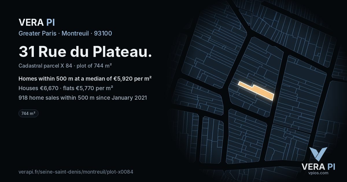 31 Rue du Plateau, Montreuil at night – the plot lit, the parcels around coloured by the prices near them